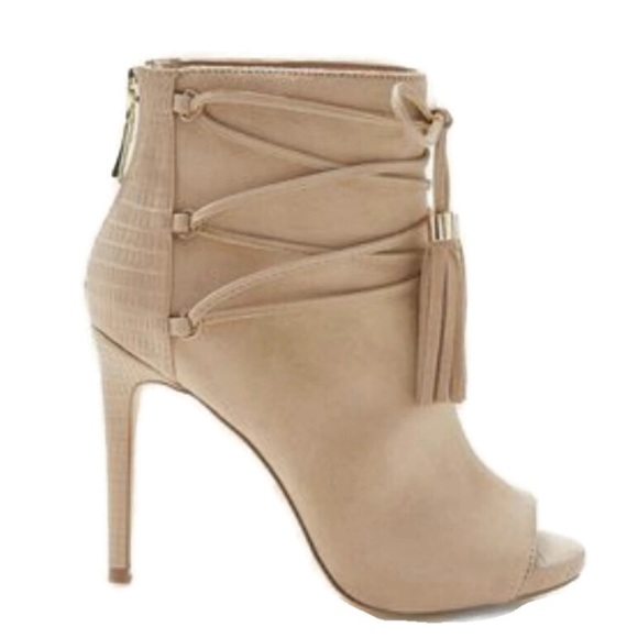 BEBE Benci High Heel Tassel Open Toe Nude Suede Ankle Bootie Size 9 - Picture 16 of 16